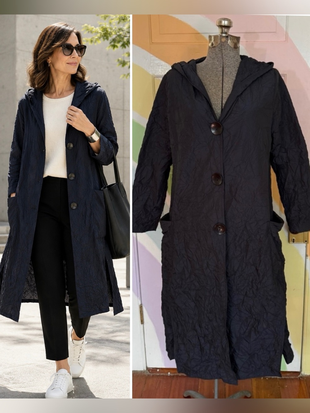 Shannon Passero Hooded Crinkle Duster Jacket Navy Lightweight Lagenlook Sz S ❤️🍄
